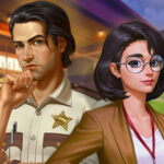 Image of two animated characters from Solitaire Crime Stories: a serious-looking sheriff in a beige uniform with a star badge, standing thoughtfully with his hand on his chin, alongside a confident woman wearing glasses and a brown blazer. The background features a colorful and detailed setting, including a building with warm lighting and a serene outdoor scene.