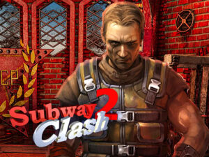 Image of the Subway Clash 2 thumbnail featuring a muscular soldier in tactical gear, standing in a red-bricked industrial setting with metal gates and Soviet-era symbols in the background. The game title "Subway Clash 2" is prominently displayed in bold, stylized lettering. 🔥🎯
