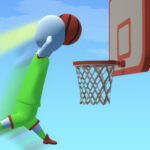 Image of a stickman character in a green basketball uniform performing a slam dunk in Tallman Dunk Rush. The character is mid-air, holding a basketball with one hand, aiming for the hoop. A motion blur effect trails behind, emphasizing speed. The basketball hoop is attached to a red backboard against a bright blue sky. 🏀