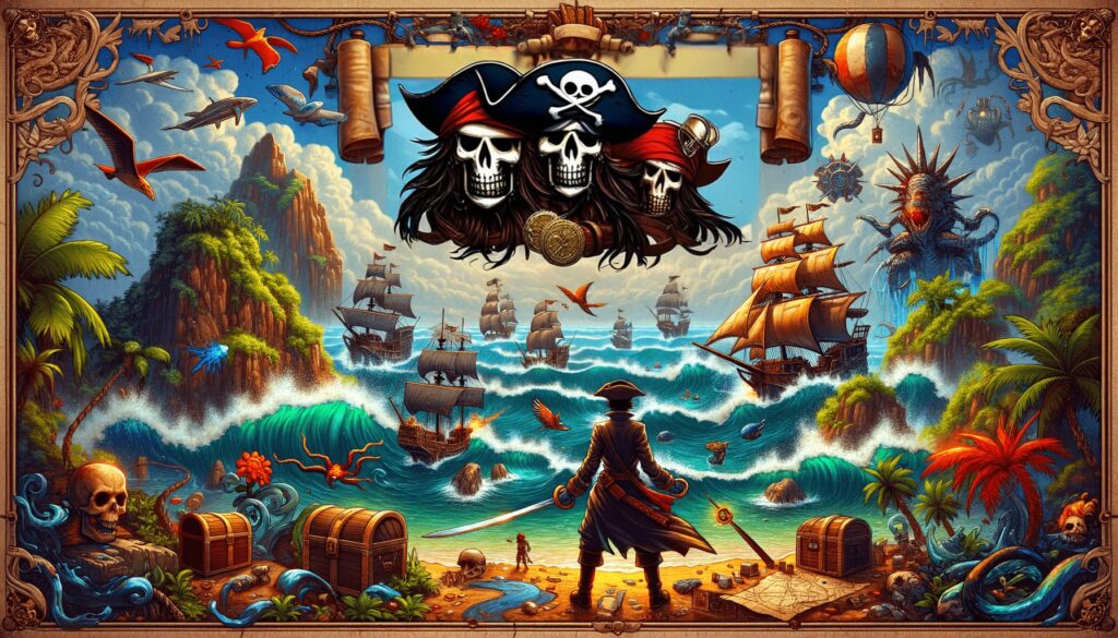 Image of vibrant pirate adventure scene with ships, islands, creatures, and treasure chests.