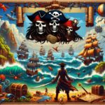 Image of vibrant pirate adventure scene with ships, islands, creatures, and treasure chests.
