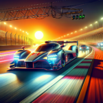 Image of a race car speeding on a track under bright lights and a setting sun in the background.