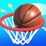 Image of a basketball mid-air above a red hoop and net, set against a vibrant blue background with colorful stars and streaks for a playful vibe.