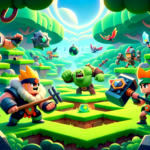 Image of animated characters in a vibrant fantasy setting with lush greenery and floating platforms.