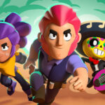 Image of three dynamic characters from Brawlers Arena Battle Stars running forward with determined expressions. A masked skeleton plays a guitar, while the other two wield unique outfits and hairstyles. The background features a blurred green jungle-like setting, emphasizing action and movement.