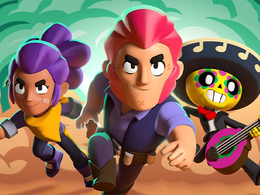 Image of three dynamic characters from Brawlers Arena Battle Stars running forward with determined expressions. A masked skeleton plays a guitar, while the other two wield unique outfits and hairstyles. The background features a blurred green jungle-like setting, emphasizing action and movement.