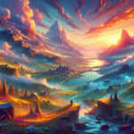Image of a vibrant fantasy landscape with colorful mountains, a winding river, and a glowing sunset.