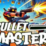 Image of a dynamic game cover for "Bullet Master," featuring a masked character in action, firing a gun with flying bullets and vibrant block-like elements in the background.
