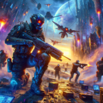 Image of a futuristic battle scene with armored soldiers and drones in a vibrant cityscape.