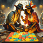 Image of a couple in hats solving a colorful puzzle, seated at a dimly lit, vintage-style table.