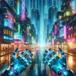 Image of a futuristic city street, lined with vibrant neon signs and robotic hands in the foreground.