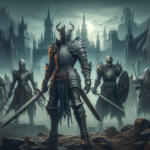 Image of armored warriors with swords, standing in a misty, gothic cityscape under a full moon.