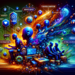 Image of abstract digital scene with silhouettes, gears, and vibrant colors symbolizing technology.