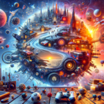 Image of a cosmic cityscape blending with a sunset beach, surrounded by planets and gadgets.