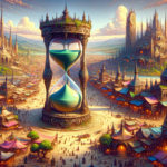 Image of a majestic fantasy city with a giant hourglass at its center, surrounded by market stalls.