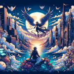 Image of a fantasy cityscape with a majestic winged figure and vibrant flowers under a full moon.