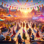 Image of a vibrant festival market at sunset, with crowds, colorful tents, and string lights aglow.