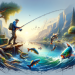 Image of an angler fishing on a vibrant, scenic lake with jumping fish and lush greenery.