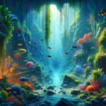 Image of a vibrant underwater cave teeming with colorful coral, fish, and glowing marine life.
