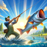 Image of a fisherman joyfully catching a large fish under a bright sun, surrounded by nature.