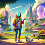 Image of a futuristic scene with a hooded figure, a small dog, and vibrant, lush cityscape.