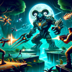 Image of two armed figures confronting a giant armored creature in a moonlit forest landscape.