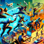 Image of masked figures scaling digital landscapes with drones and high-tech equipment.