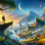 Image of a vibrant fantasy landscape with a lone traveler, floating islands, and a glowing pumpkin.