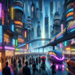 Image of a futuristic cityscape with neon signs, crowded streets, and a sleek moving train.