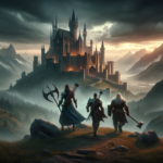 Image of three adventurers approaching a misty, illuminated castle set in a mountainous landscape.