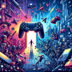 Image of a gaming-themed portal with diverse characters and objects in vivid pixel art style.