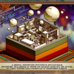 Image of a retro-futuristic room with computers, chairs, and floating spheres in a colorful space.