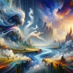 Image of a fantastical landscape with swirling clouds, colorful patterns, and a silhouette of a face.