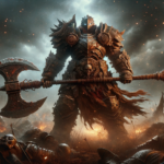 Image of a heavily armored warrior holding a massive axe, standing amidst a battlefield scene.