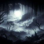 Image of a misty, moonlit forest clearing with gnarled trees and hanging moss.