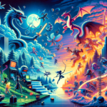 Image of a vibrant fantasy scene with dragons, warriors, and pixelated landscapes in neon colors.