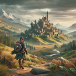 Image of a warrior approaching a grand castle in a lush valley, surrounded by rugged mountains.