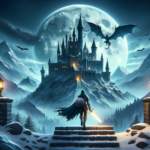 Image of a warrior with a glowing sword facing a castle on a snowy night, with a full moon.