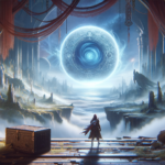 Image of a lone figure in a mystical landscape, facing a glowing blue orb amidst ancient columns.
