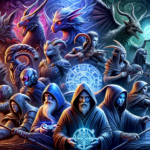 Image of mystical characters and creatures, each wielding powers or weapons, in vibrant colors.