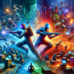 Image of futuristic warriors with glowing helmets, battling amidst vibrant blue and orange scenes.