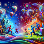 Image of vibrant abstract figures and swirling colors with hot air balloons and geometric shapes.