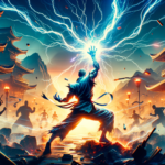 Image of a warrior harnessing lightning energy, surrounded by dynamic, shadowy figures in action.