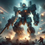 Image of a giant mech towering over soldiers and tanks amidst a chaotic war-torn battlefield.
