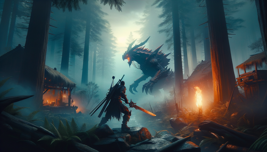 Image of a warrior confronting a winged creature in a foggy forest with glowing campfires nearby.