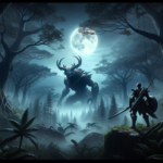 Image of a warrior with sword facing a giant creature in a moonlit forest.