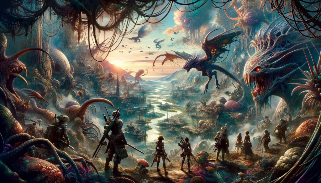 Image of a fantasy landscape with adventurers, mythical creatures, and a rising sun in the distance.