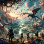 Image of a fantasy landscape with adventurers, mythical creatures, and a rising sun in the distance.