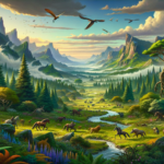 Image of a lush valley with diverse wildlife, tall trees, rocky mountains, and a flowing river under a vibrant sky.