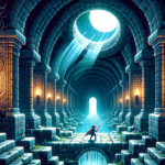 Image of a lone warrior in a torch-lit stone corridor, under a circular skylight with rays.